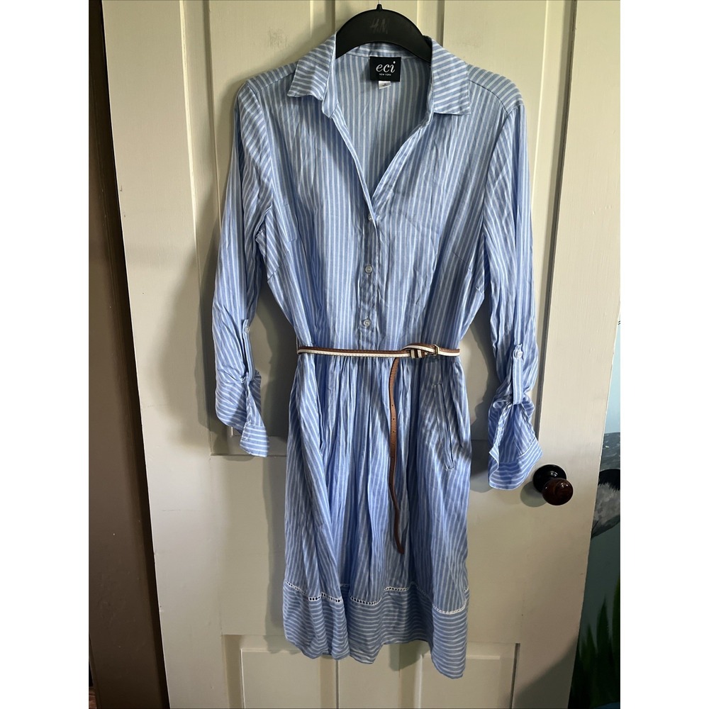 Eci Belted Shirt Dress Button Front Long Sleeves Sz 8 Nautical Collared